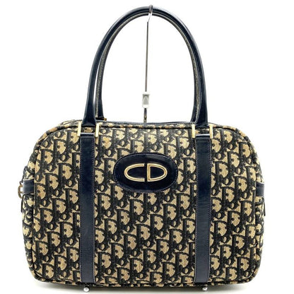 DIOR Handbag Vintage Boston Bag Navy Blue Canvas Trotter Women Men