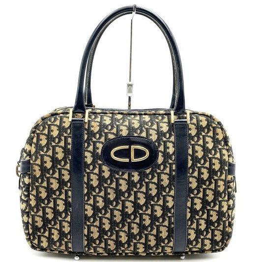 DIOR Handbag Vintage Boston Bag Navy Blue Canvas Trotter Women Men