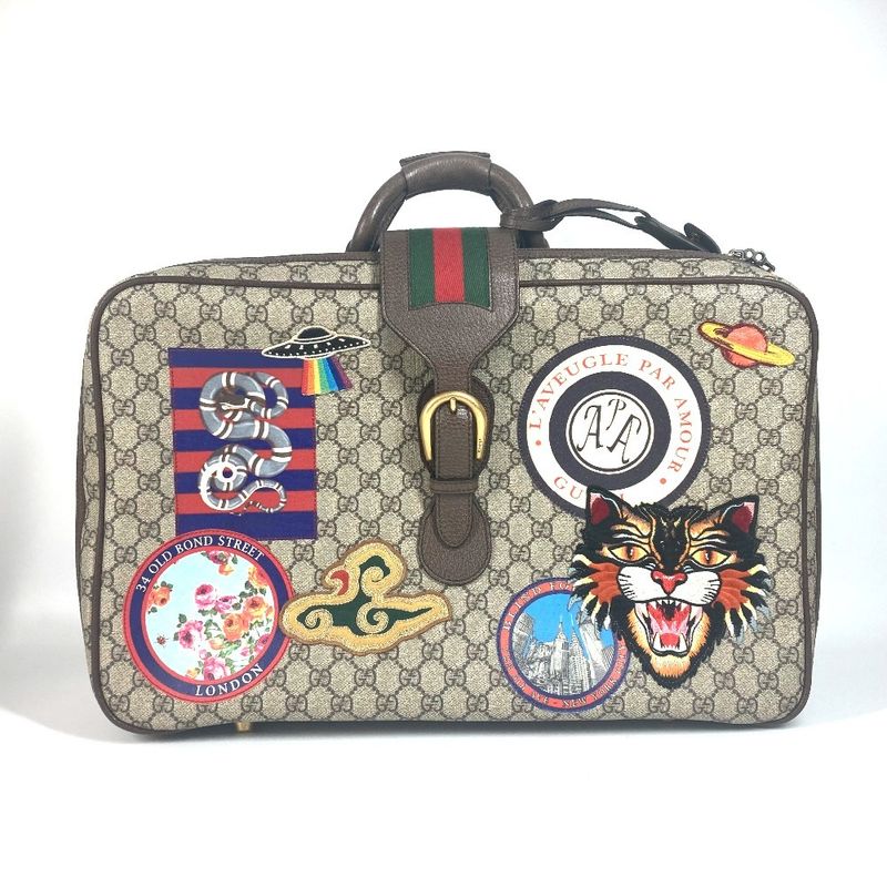 Gucci Boston Bag Angry Cat Snake Patch 424501 GG Supreme Canvas Beige