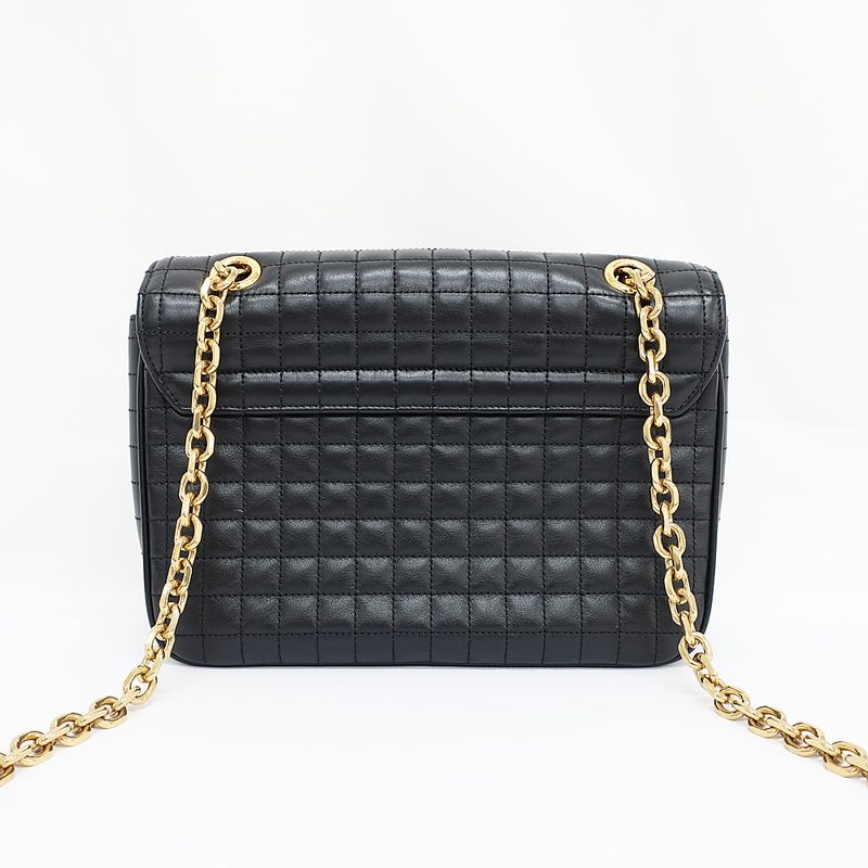 Celine Chain Shoulder Bag Quilted Black Gold Hardware Leather Women's