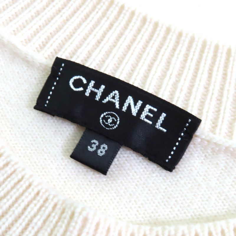 CHANEL P60520 100% Cashmere LA Pausa Coco Logo Short Sleeves Knit Ivory Blue