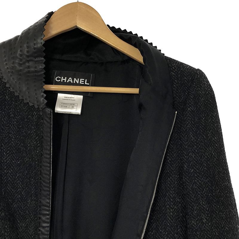 Chanel - Wool Herringbone Tweed Lamb Skin Trimmed Lined Silk Zip Up Coat - 36 -