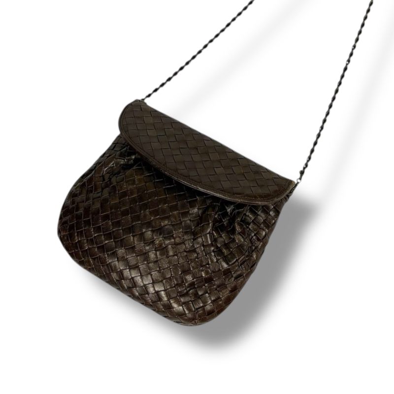 Bottega Veneta Chain Shoulder Bag Pochette Intrecciato Leather Brown Gold