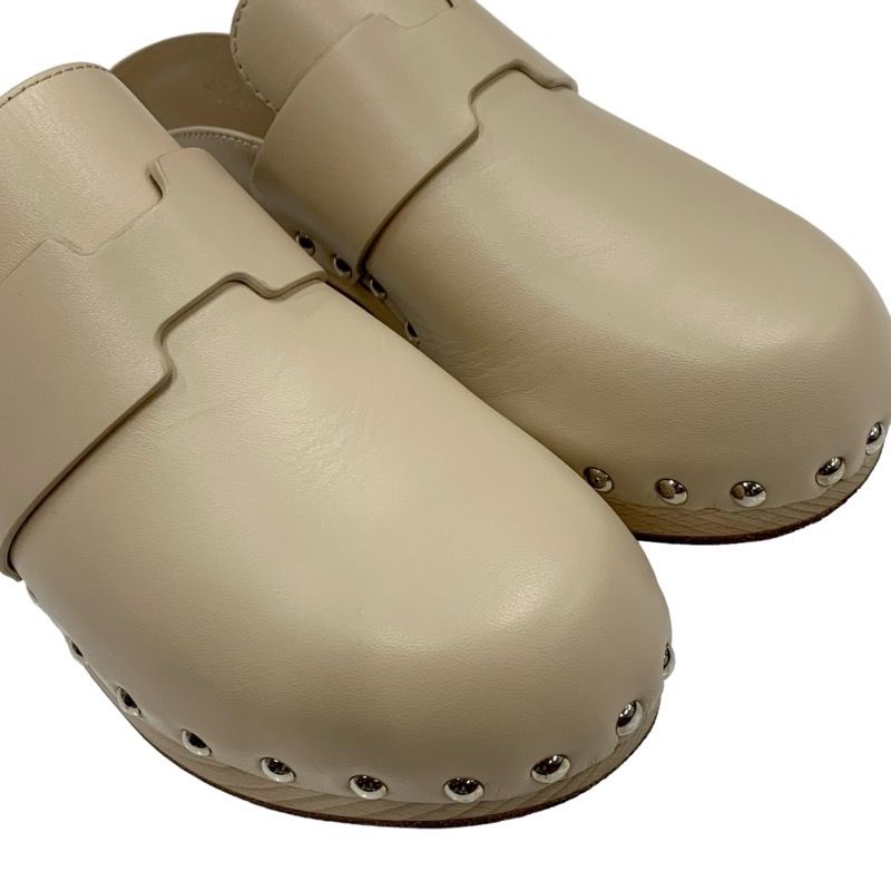 Hermes Karya Sandals Shoes Leather Wood Beige Studded Mules Sabot