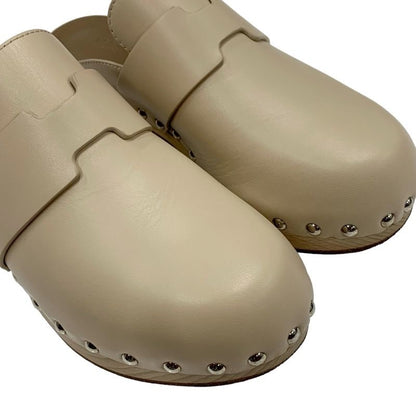 Hermes Karya Sandals Shoes Leather Wood Beige Studded Mules Sabot