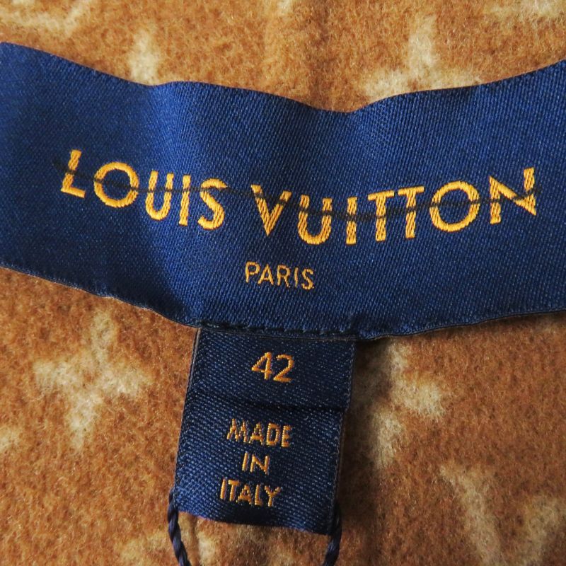 Louis Vuitton 1a8262 Wool Silk Lined Monogram Pattern Hooded Wrap Coat Camel 42