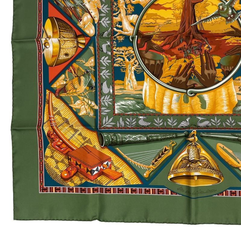 Hermes Scarf Carre 90 Au Son Du Tam To The Sound Of Tam Silk Green With Box