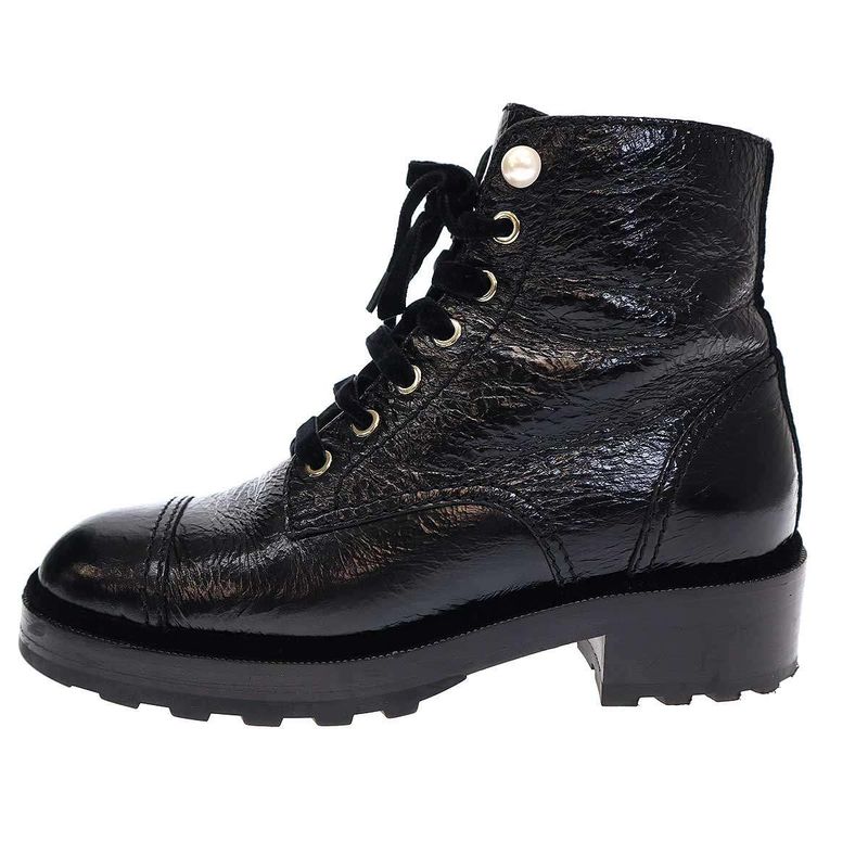 Chanel 21a Cocomer Cles Lace-Up Boots with Pearls G35154 X56195 Black 38