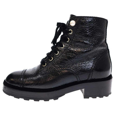 Chanel 21a Cocomer Cles Lace-Up Boots with Pearls G35154 X56195 Black 38