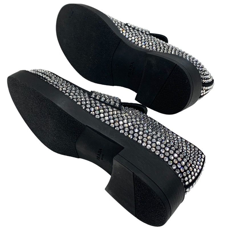 Prada Loafers Leather Shoes Satin Black Crystal Rhinestone Logo Plate Men's