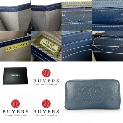 Chanel Long Wallet Coco Mark Caviar Skin Blue - Round Zipper Zippy 17 Ladies