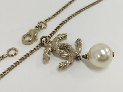 Chanel Necklace Accessories Coco Mark Faux Pearl Plated Silver B14V