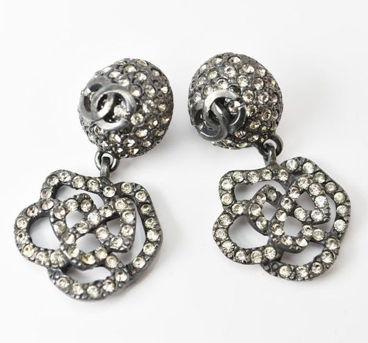 Chanel Earrings Camellia Motif With Coco Mark Rhinestones In Chrome Silver