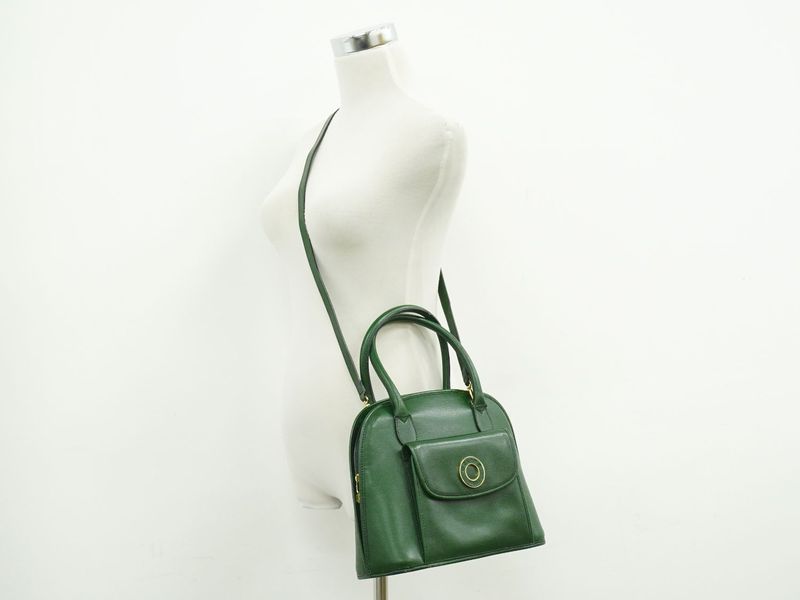Authentic Celine Circle Logo 2WAY Shoulder Bag Handbag Pochette Leather Green