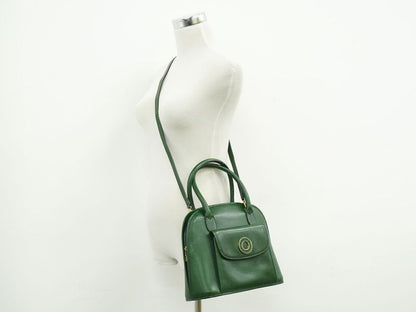 Authentic Celine Circle Logo 2WAY Shoulder Bag Handbag Pochette Leather Green