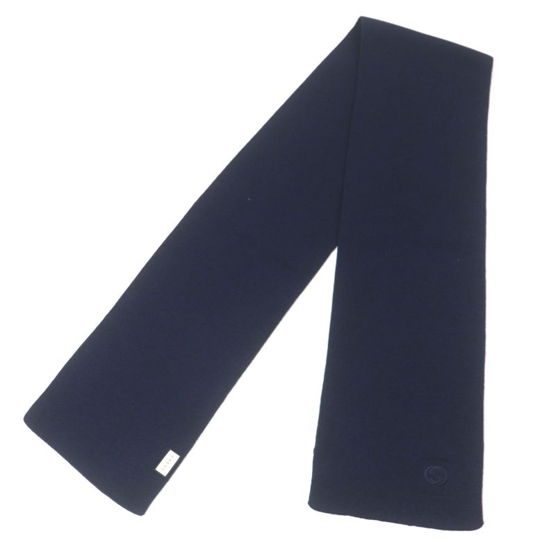 Gucci 550601 Interlocking G Embroidered 100% Wool Knit Scarf Navy Made