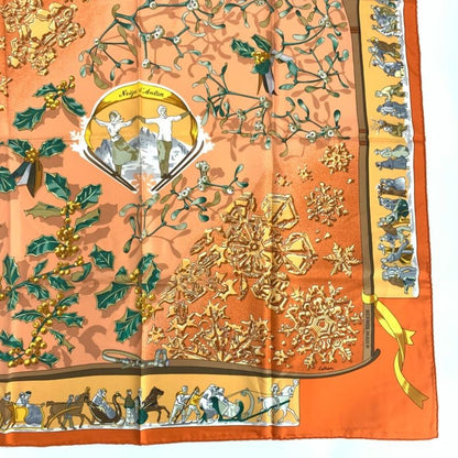 Hermes Carre 90 Neige D'antan Last Year's Snow Orange Scarf 100% Silk