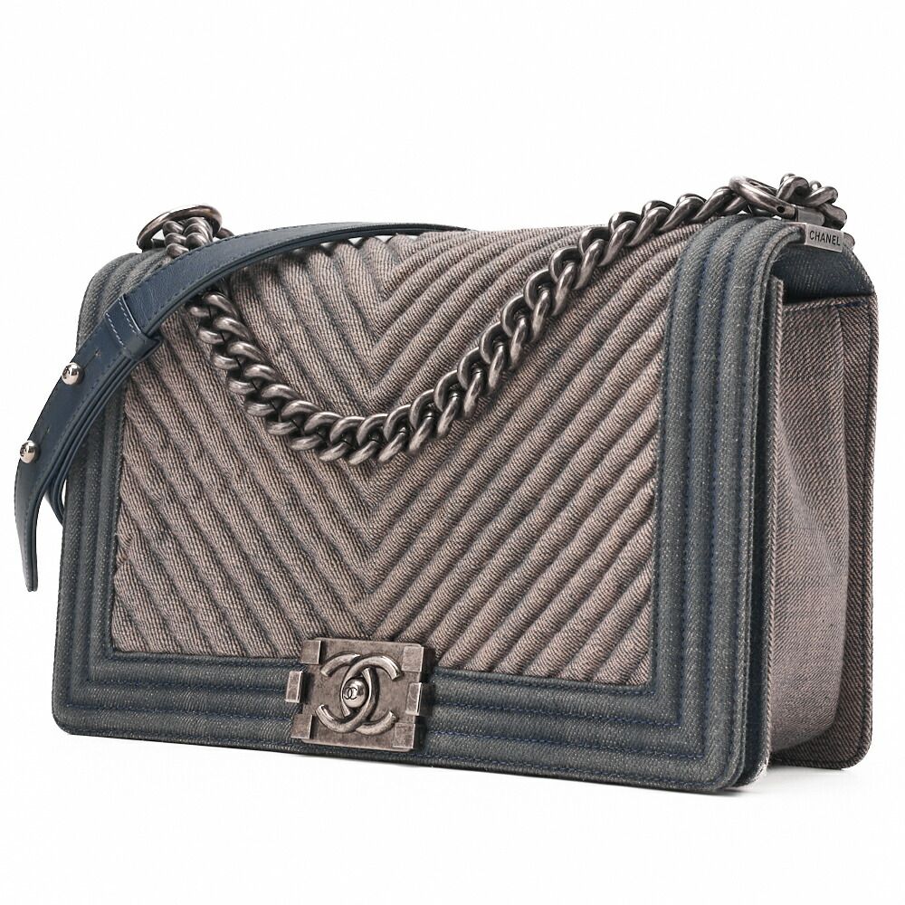 Chanel Boy Chanel V-stitched Chain Shoulder Denim Large Size Blue (silva