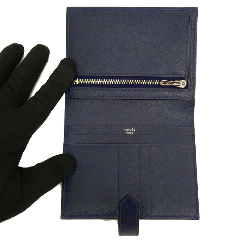 Hermes Bearn Compact Bifold Wallet Blue Nuit Silver Hardware Vo Madame
