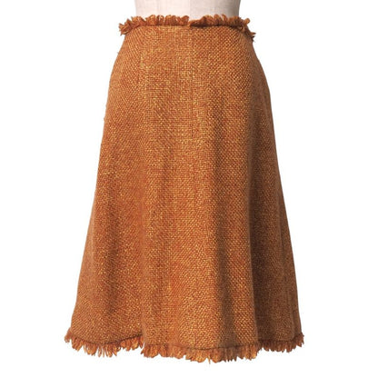 Chanel Skirt Size 34 01A CC Coco Mark Wood Button Tweed Fringe Knee Length Wrap