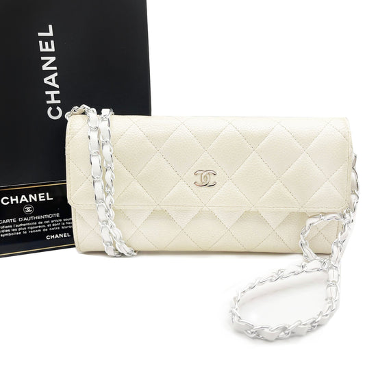 Authentic CHANEL CC Classic Timeless Caviar Flap Wallet on Chain Purse White Bag