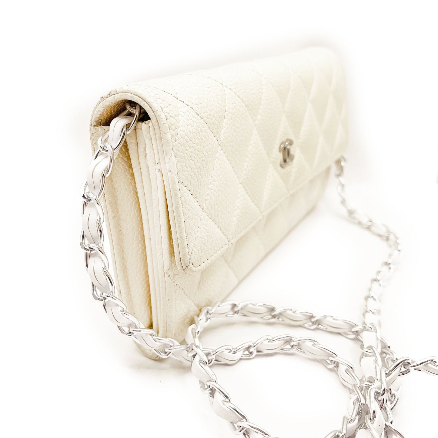 Authentic CHANEL CC Classic Timeless Caviar Flap Wallet on Chain Purse White Bag