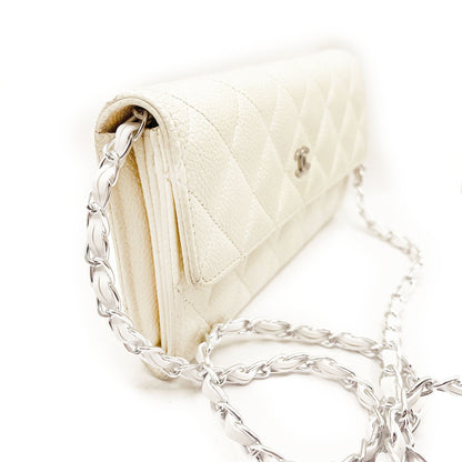 Authentic CHANEL CC Classic Timeless Caviar Flap Wallet on Chain Purse White Bag