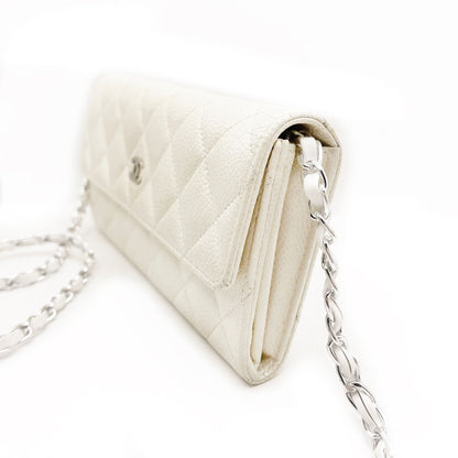 Authentic CHANEL CC Classic Timeless Caviar Flap Wallet on Chain Purse White Bag