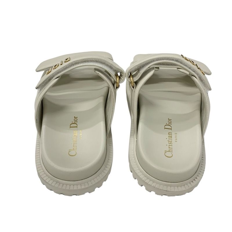 Christian Dioract Sandals Shoes Leather Ivory Gold Logo Velcro Strap