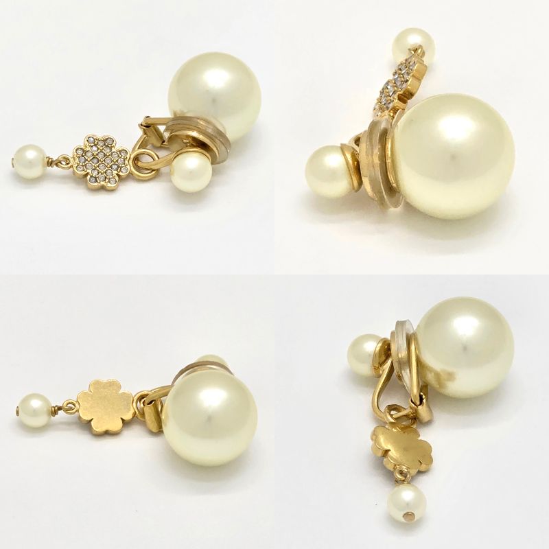 DIOR Tribales Clip Earrings Binaural Star Clover Charm White Resin Pearl White