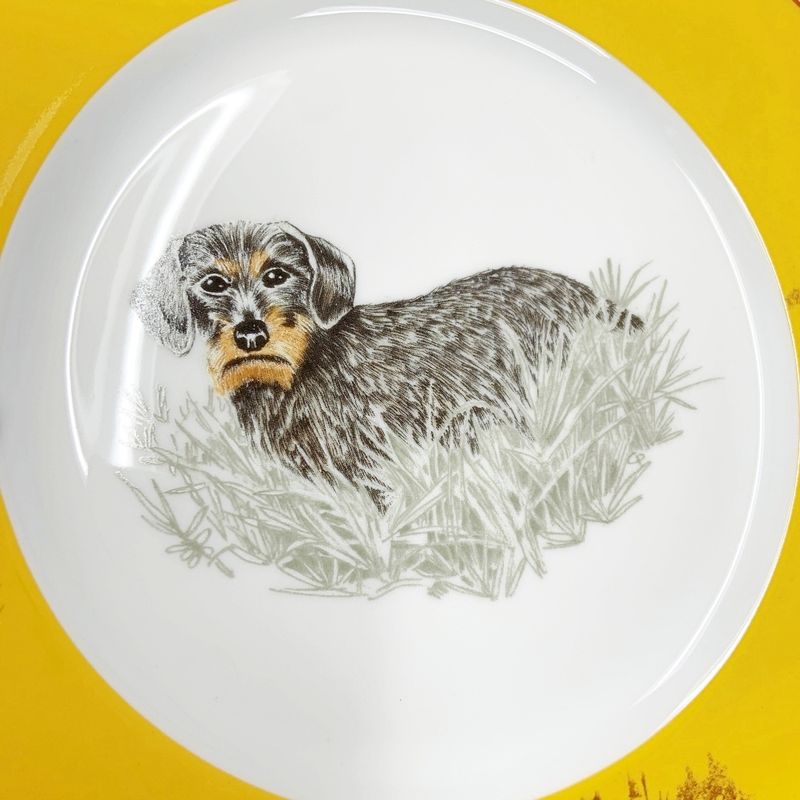 Hermes Porcelain Chasse Dachshund Dishware with Box Yellow 386994 Dish