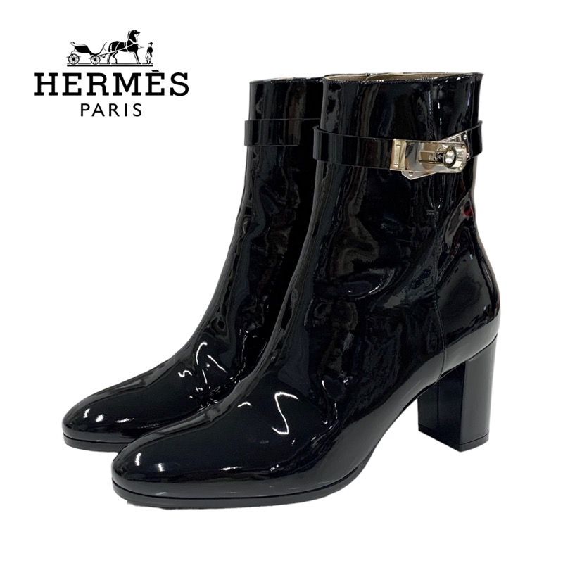 Hermes Saint Germain Boots Short Boots Shoes Patent Black Silver Kelly Hardware