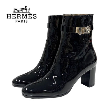 Hermes Saint Germain Boots Short Boots Shoes Patent Black Silver Kelly Hardware
