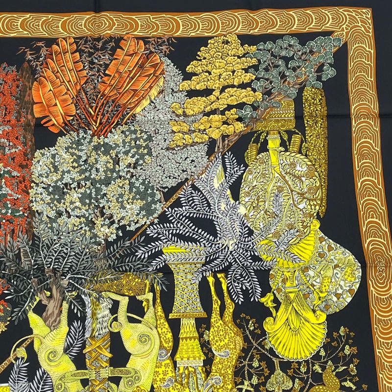 Hermes Carre 90 Les Legendes De L'arbre Wooden Legend Scarf Black