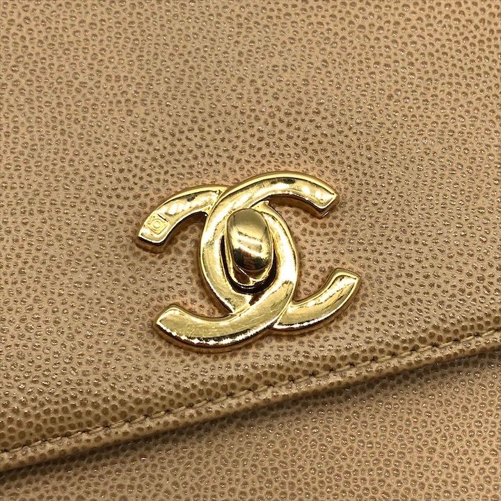 Chanel CC Logo Caviar Leather Turnlock Twist Handle Shoulder Bag Beige