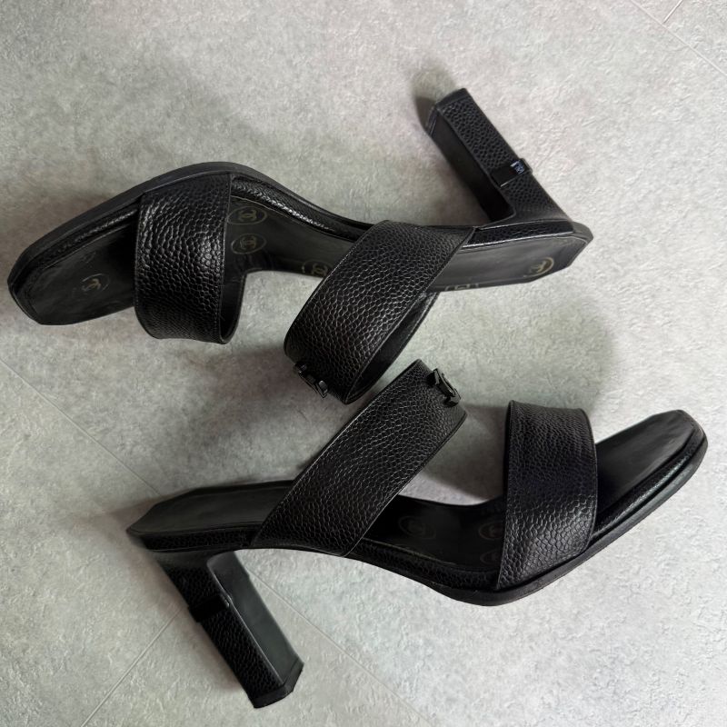 Chanel Coco Mark Caviar Skin Sandals Black Leather 36 23cm (9.06in) Mules