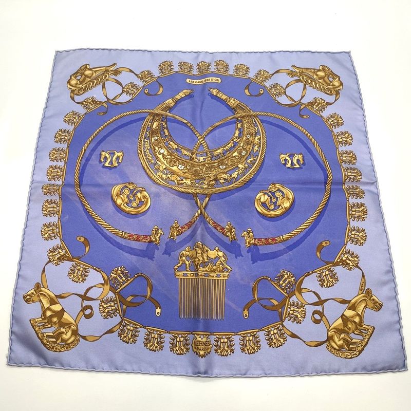 Hermes Carré 42 Golden Knight 100% Silk Scarf Blue Used 005541