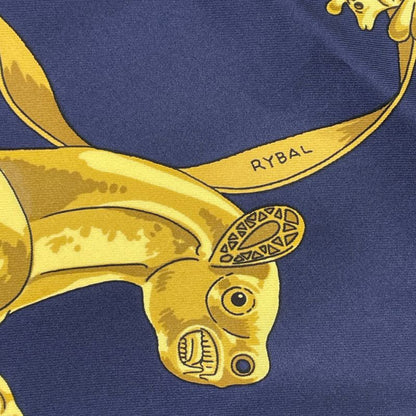 Hermes Carre 90 LES Cavaliers D'OR Golden Knight Scarf Silk Gold X Navy