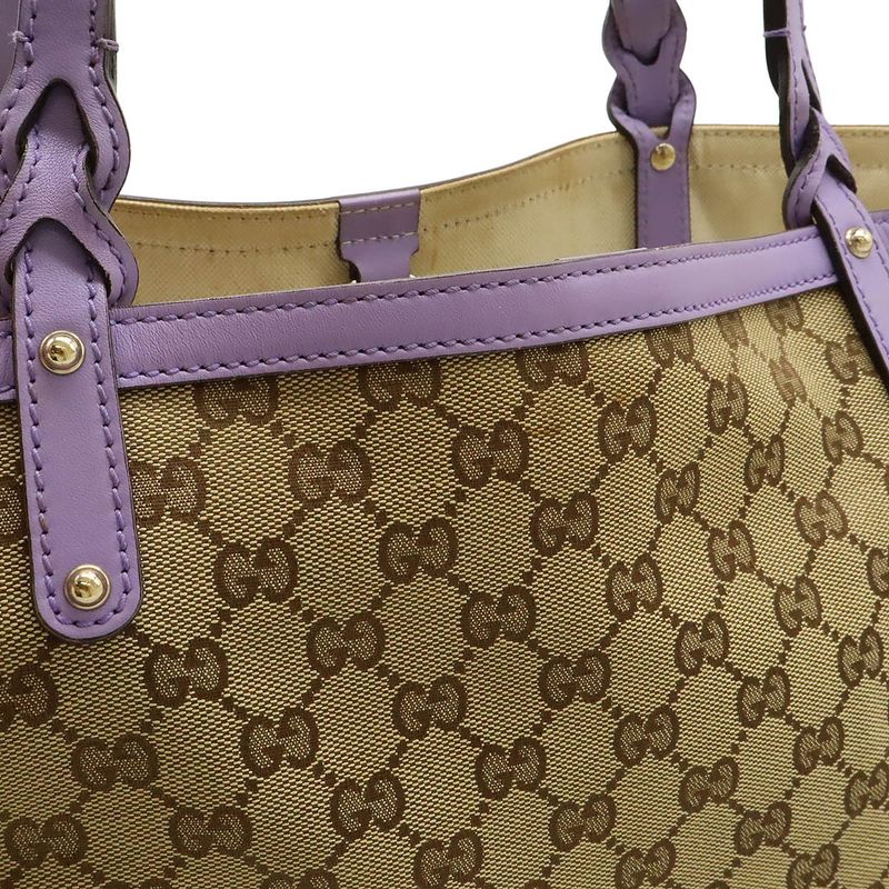 Gucci GG Canvas Tote Bag Shoulder Bag Semi Shoulder Leather Khaki Beige Purple