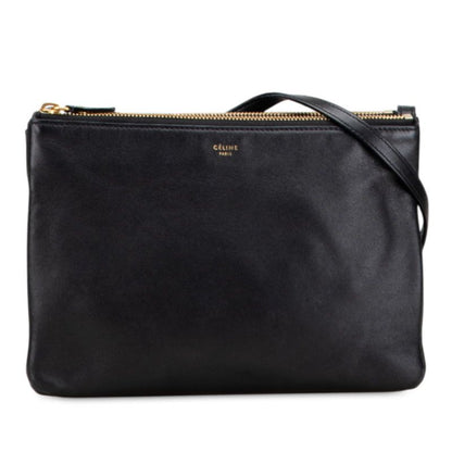 Celine Trio Large Crossbody Shoulder Bag Black Gold Hardware Leather Women's