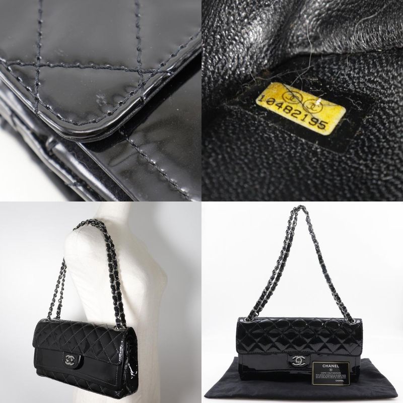Chanel Chain Shoulder Matelasse Double Flap Patent Leather Black Women's