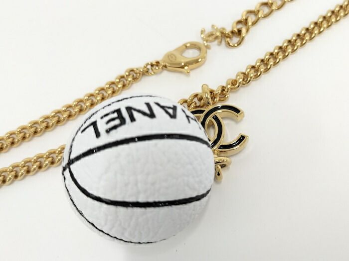 Chanel Necklace Basketball Motif Coco Mark Plated Gold White B24C