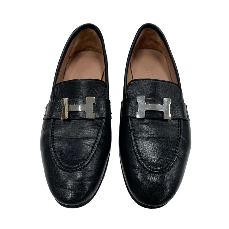 Hermes Paris Loafers Shoes Leather Black Silver Moccasins Flat Shoes Hhardware
