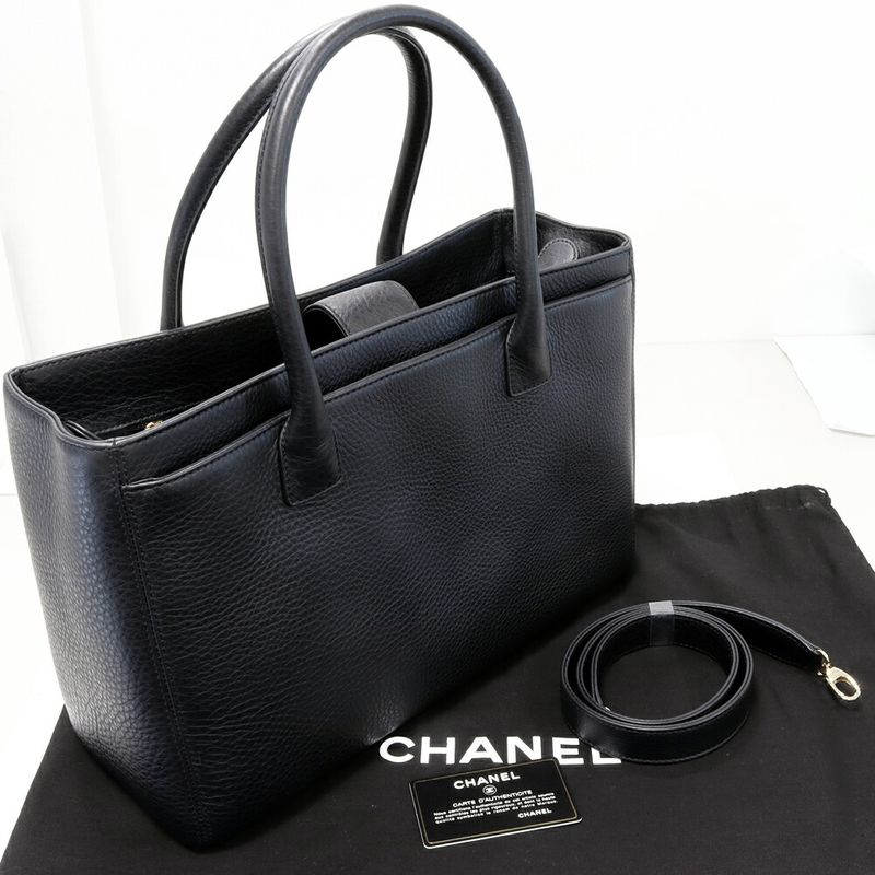 Chanel Tote Shoulder Bag Executive Soft Caviar Skin Black Gold Hardware 2WAY