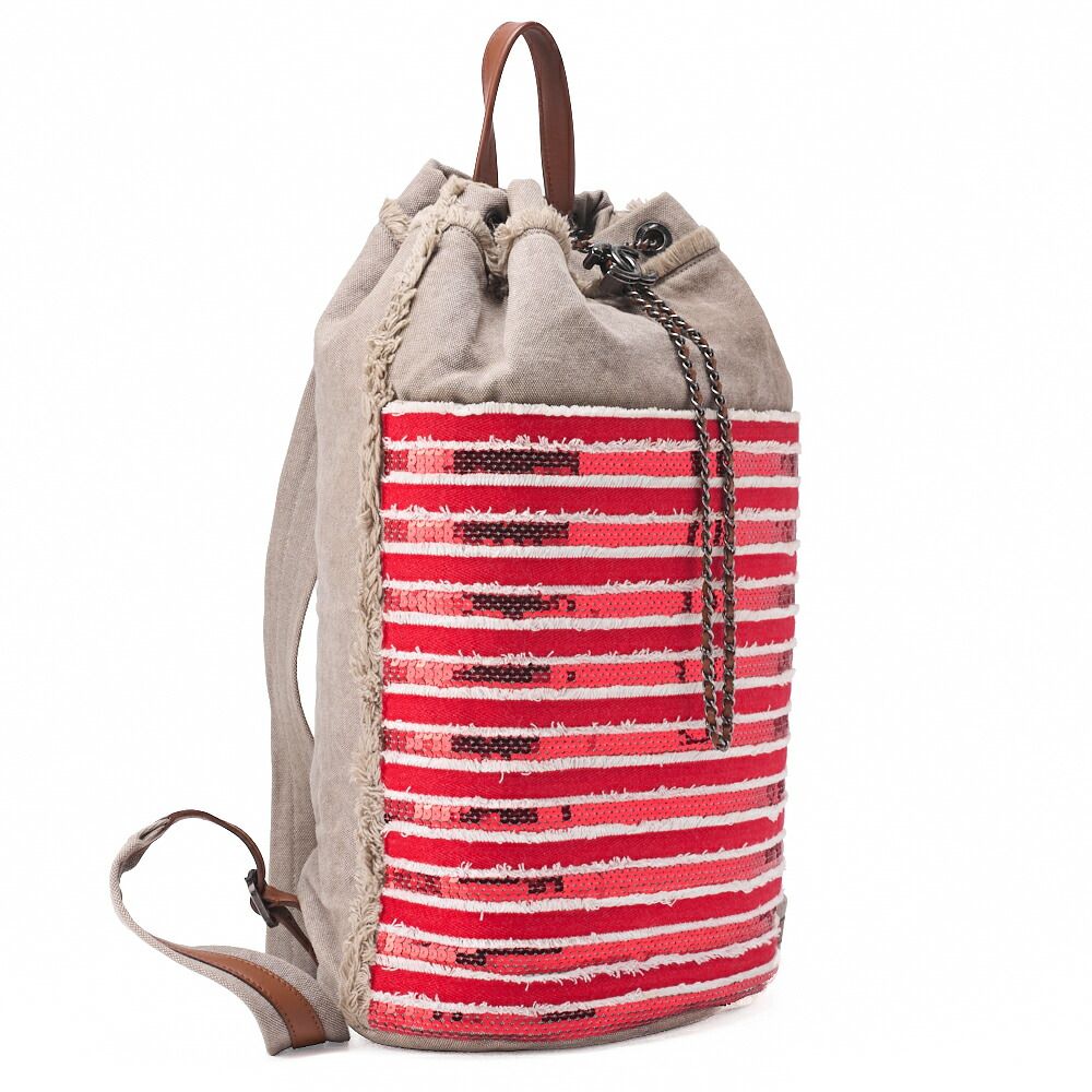 Chanel Sequined Drawstring Backpack With Striped Coco Charm Red (silver