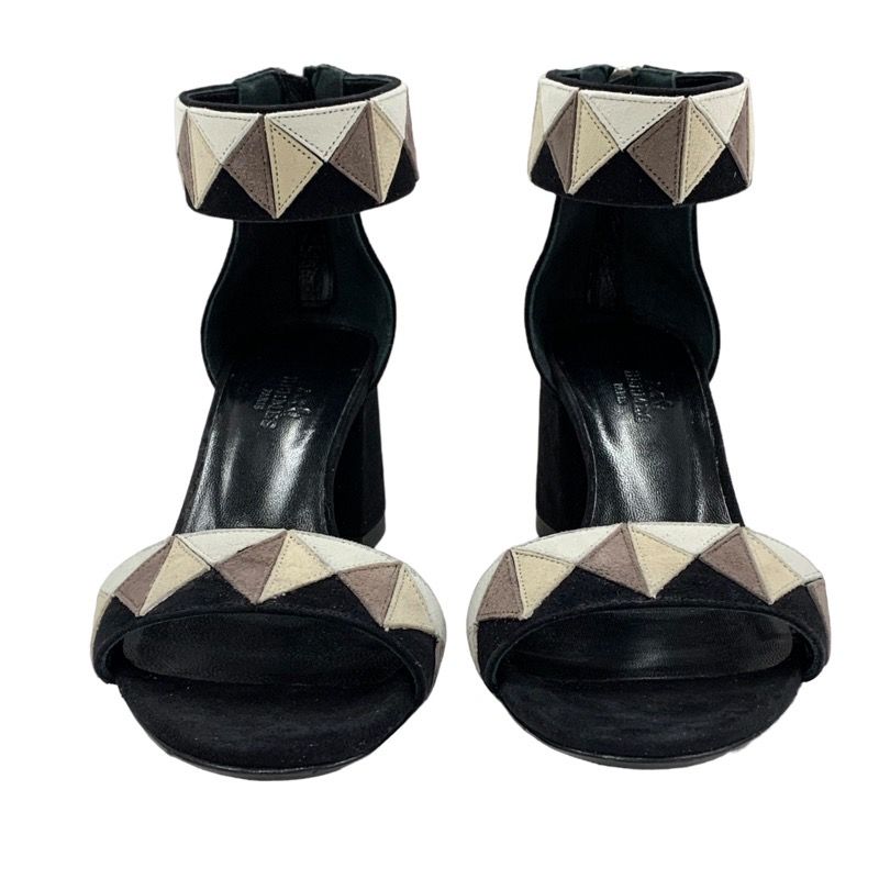 Hermes Sandals Shoes Suede Black Beige Ankle Strap