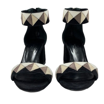 Hermes Sandals Shoes Suede Black Beige Ankle Strap