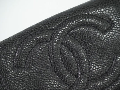 Authentic Chanel Coco Mark Fold Wallet Compact Wallet Caviar Skin Leather Black