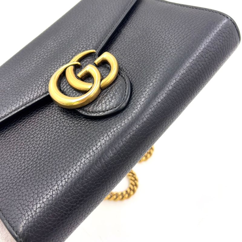 Gucci GG Marmont Chain Shoulder Chain Wallet Leather Black Shoulder Bag Gold
