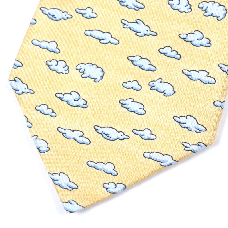 Hermes 100% Silk Clouds Animal All Over Pattern Necktie Orange Blue Made In